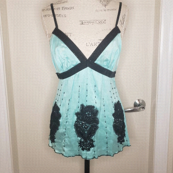 BCBG Tops - Blue Silk Lace Velvet Beaded Camisole